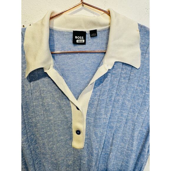 BOSS Light Blue Collared Short Sleeve Front Button Polo Knit Midi Dress Size - Picture 6 of 10